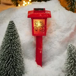 Borne solaire lanterne rouge vintage 10LED blanc chaud effet flamme H37cm