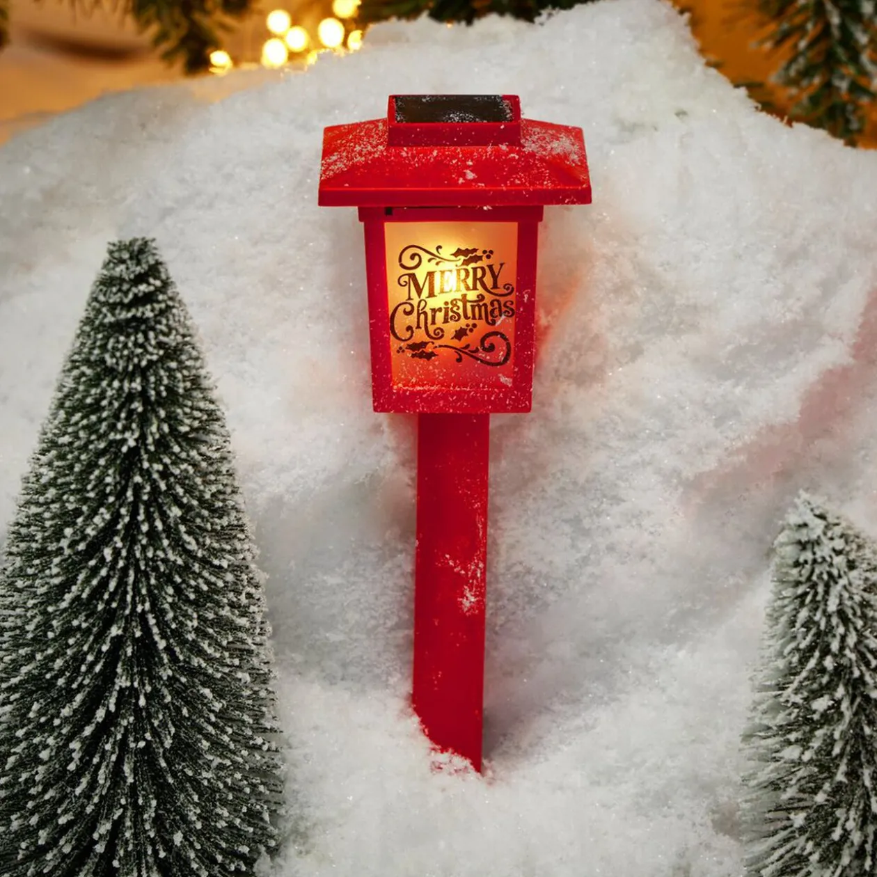 Borne solaire lanterne rouge vintage 10LED blanc chaud effet flamme H37cm