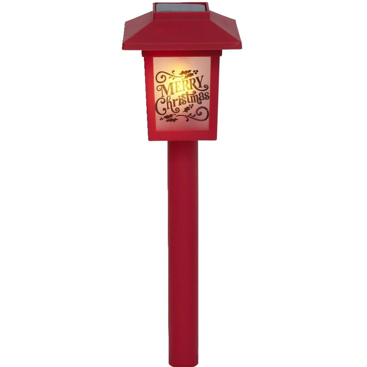 Borne solaire lanterne rouge vintage 10LED blanc chaud effet flamme H37cm