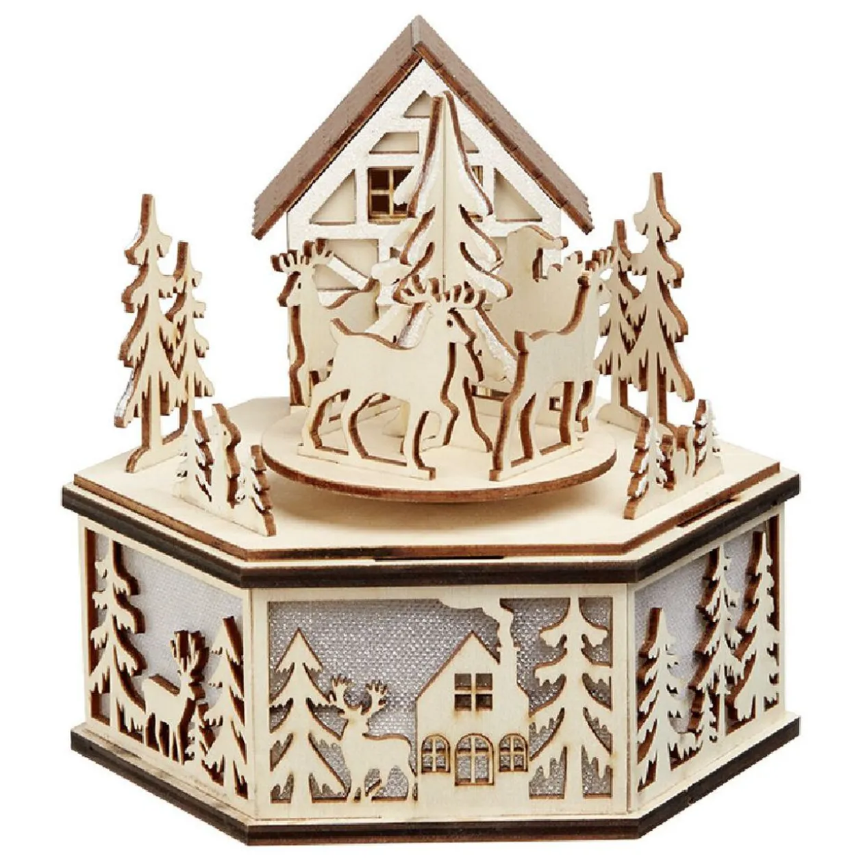 Boîte à musique village de Noël en bois H15cm
