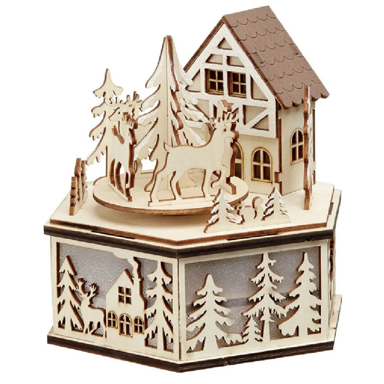 Boîte à musique village de Noël en bois H15cm