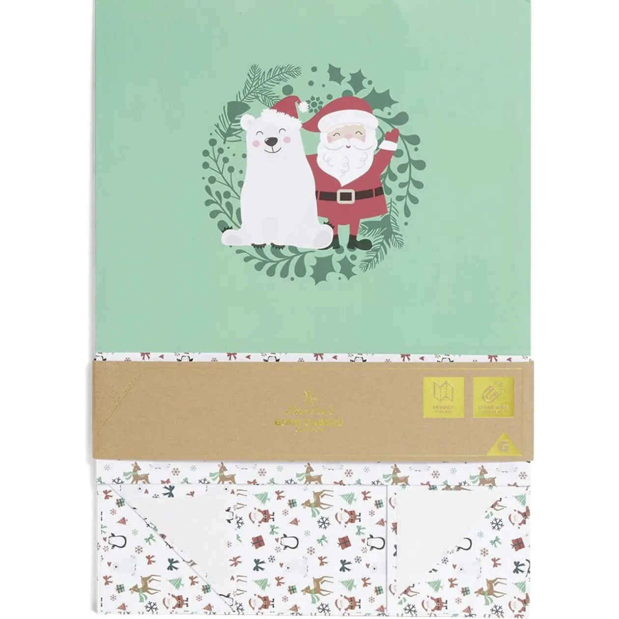 Boîte cadeau Noël pliable motif Père Noël et ours blanc