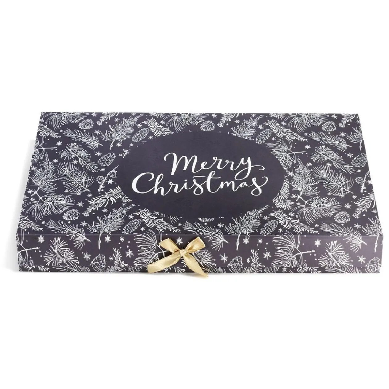 Boîte cadeau rectangulaire motif feuillage de Noël noir et blanc