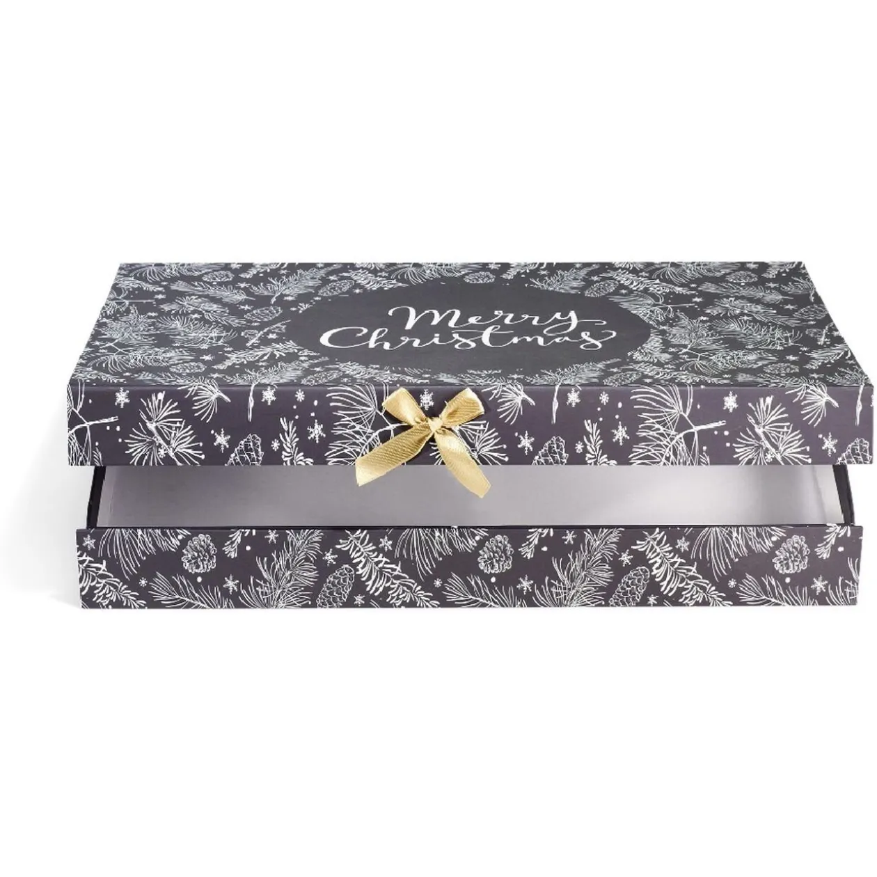 Boîte cadeau rectangulaire motif feuillage de Noël noir et blanc