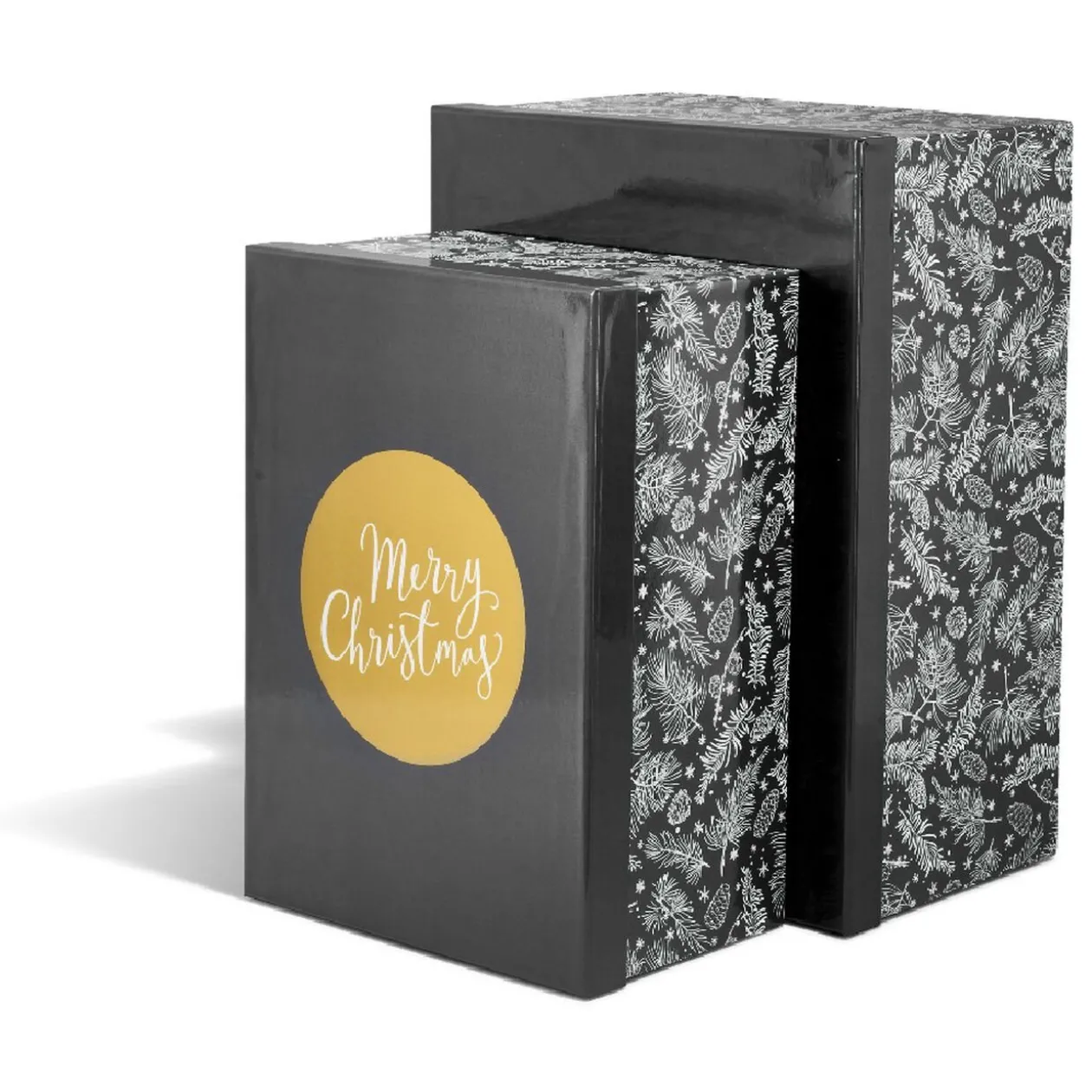 Boîte de Noël motif feuillage hiver gris et blanc x2