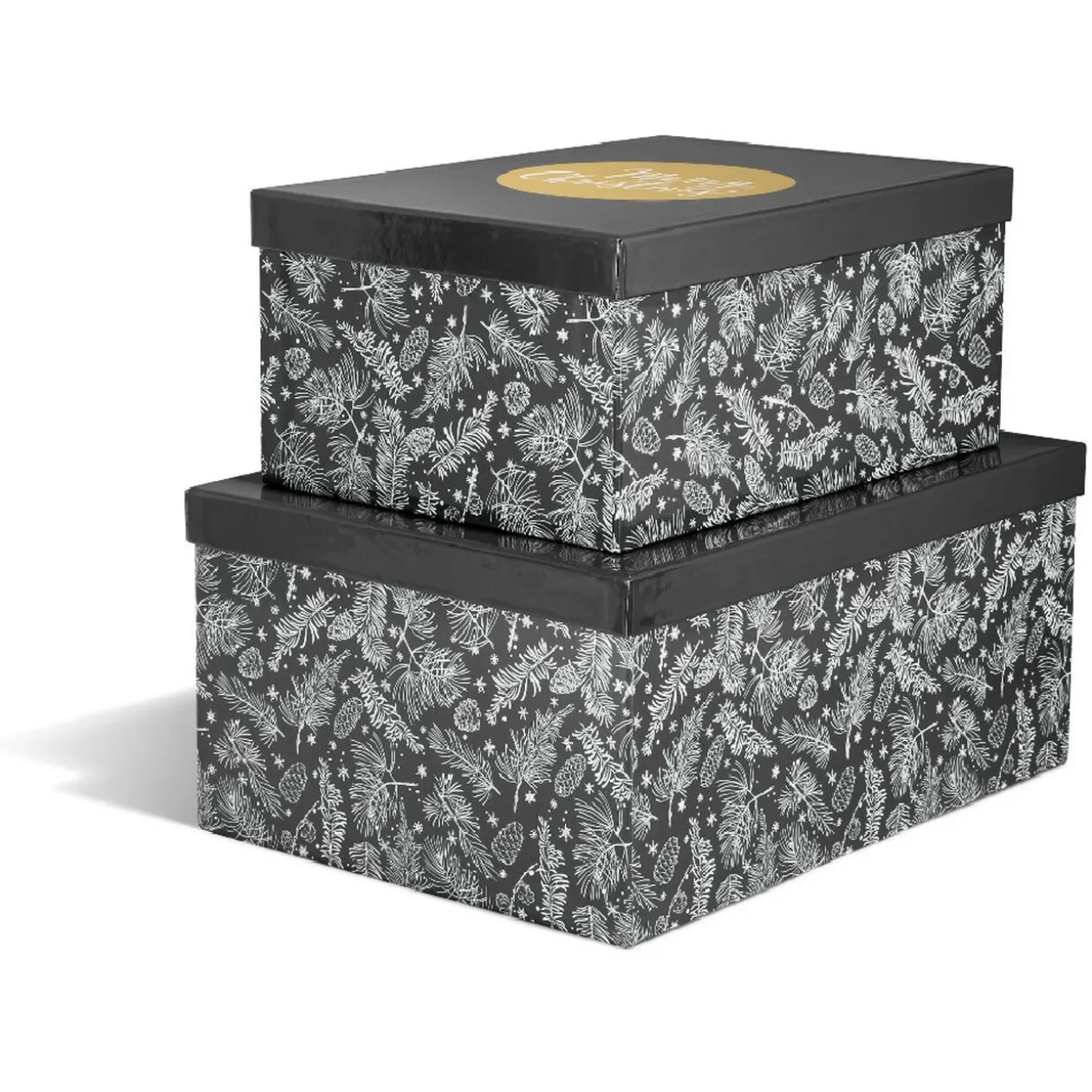 Boîte de Noël motif feuillage hiver gris et blanc x2