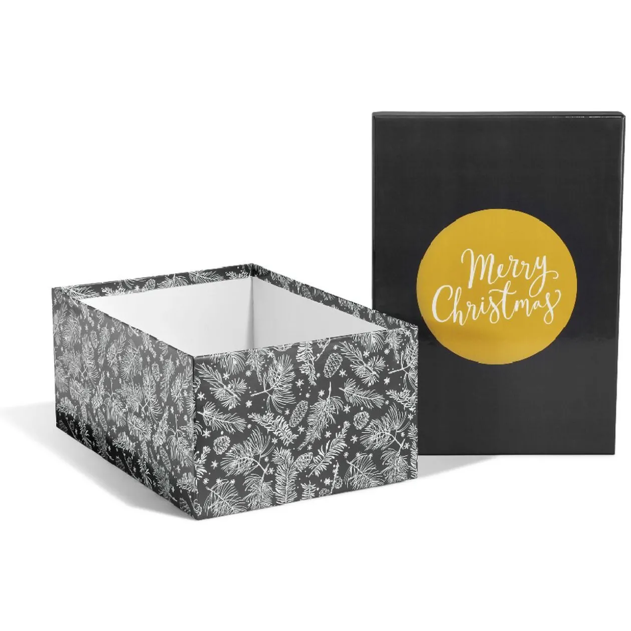 Boîte de Noël motif feuillage hiver gris et blanc x2