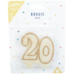 Bougie anniversaire chiffre 20 doré pailleté