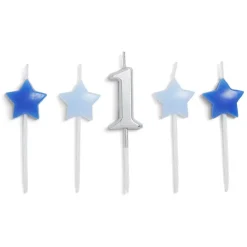 Bougie anniversaire chiffre 1 argenté avec bougies étoiles bleues