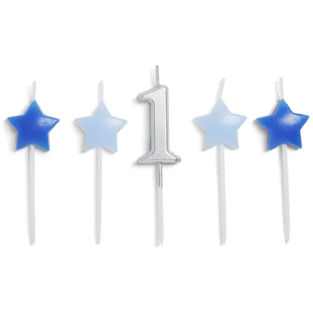 Bougie anniversaire chiffre 1 argenté avec bougies étoiles bleues