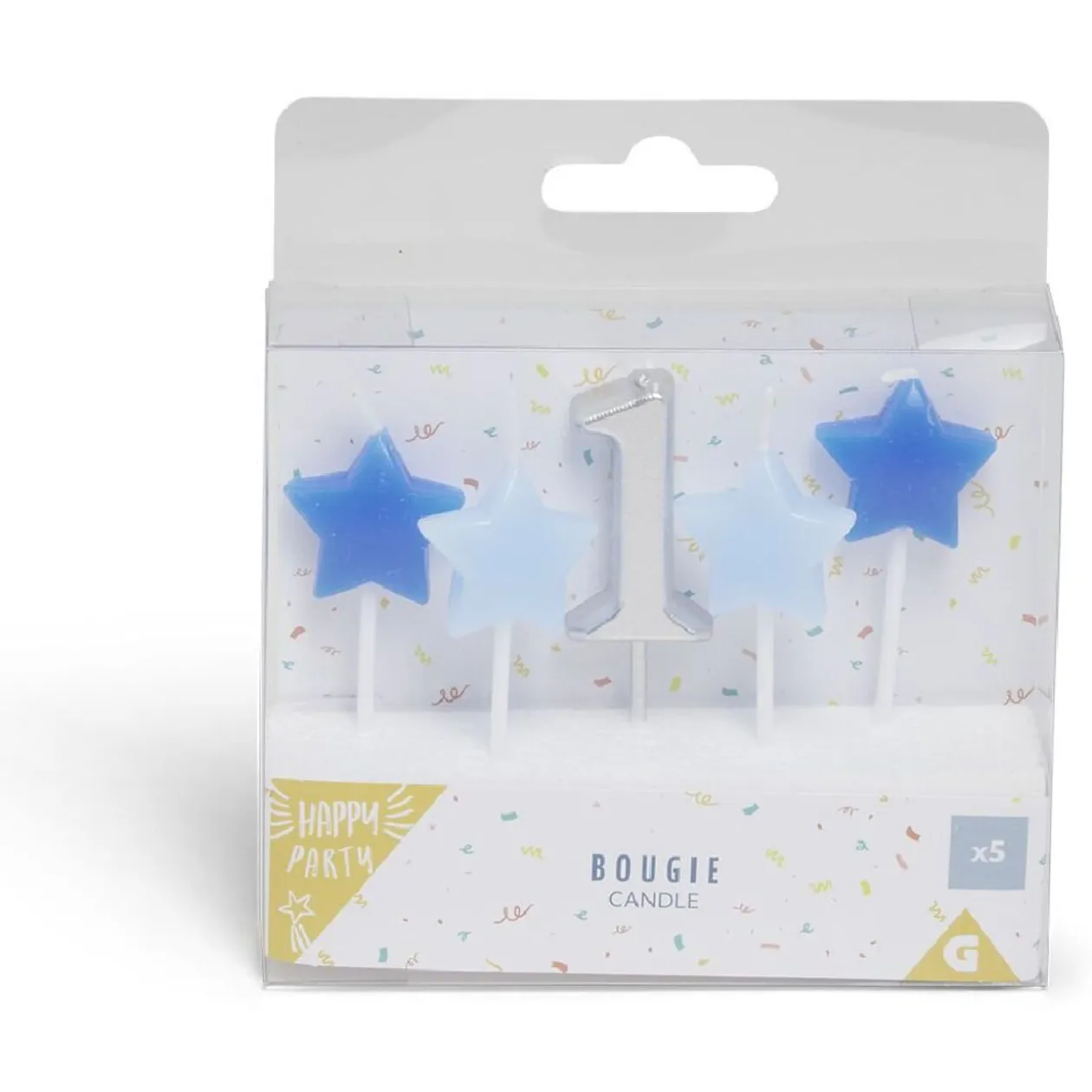 Bougie anniversaire chiffre 1 argenté avec bougies étoiles bleues