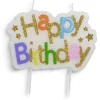Bougie anniversaire Happy Birthday bannière multicolore et doré
