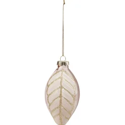 Boule de Noël allongée en verre motif feuille blanche dorée