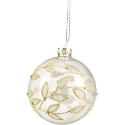 Boule de Noël en verre décor feuille doré pailleté Ø8cm