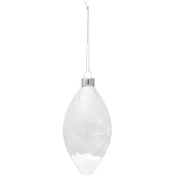 Boule de Noël en verre transparent forme goutte motif flocon blanc