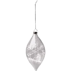 Boule de Noël en verre transparent forme goutte motif flocon blanc