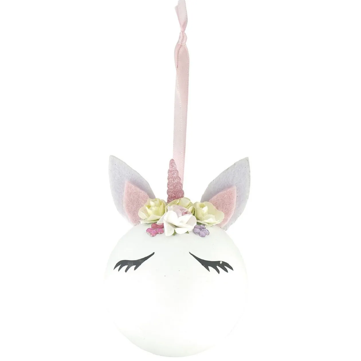 Boule de Noël Licorne en mousse blanche et rose