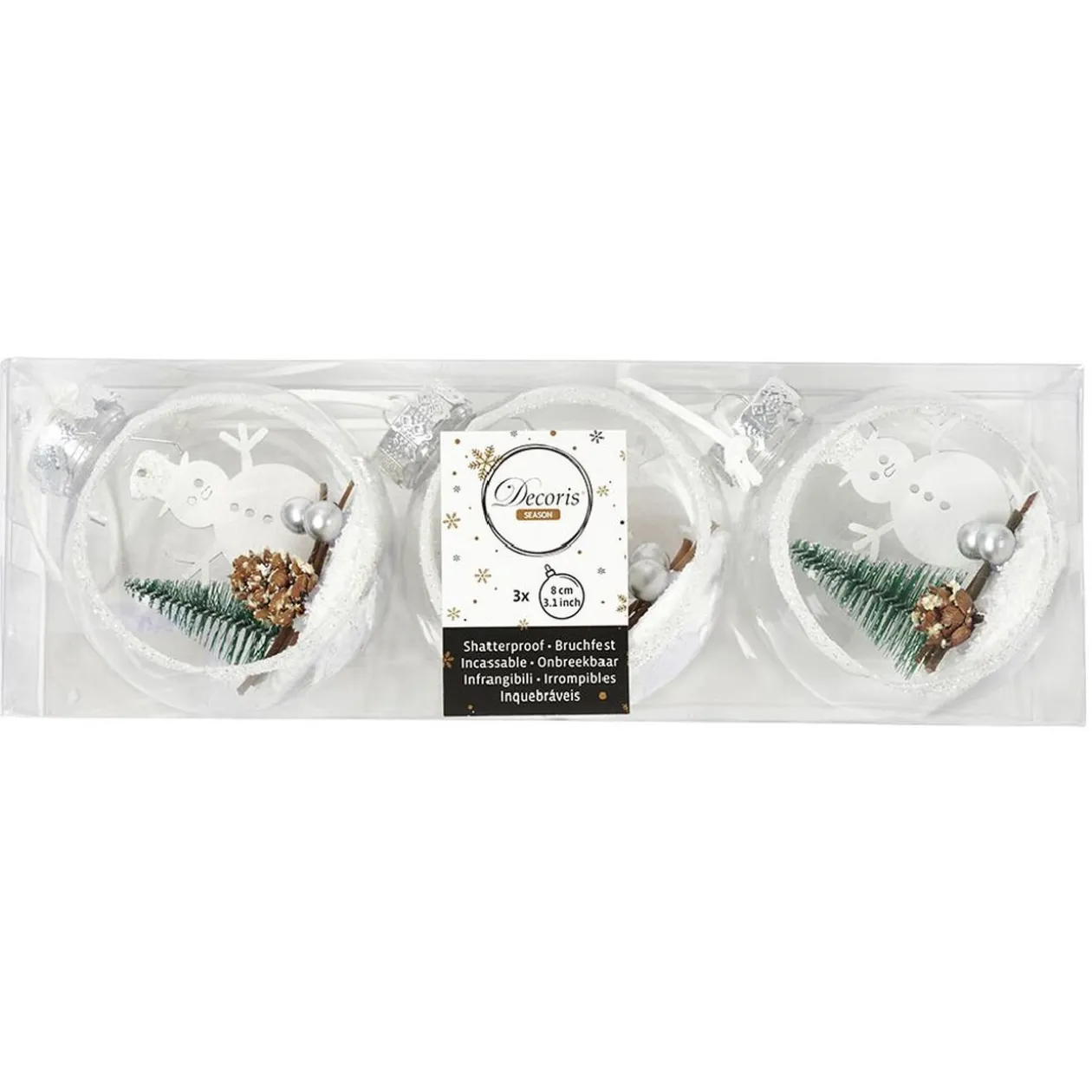 Boule de Noël paysage argenté bois et paillettes Ø8 cm x3