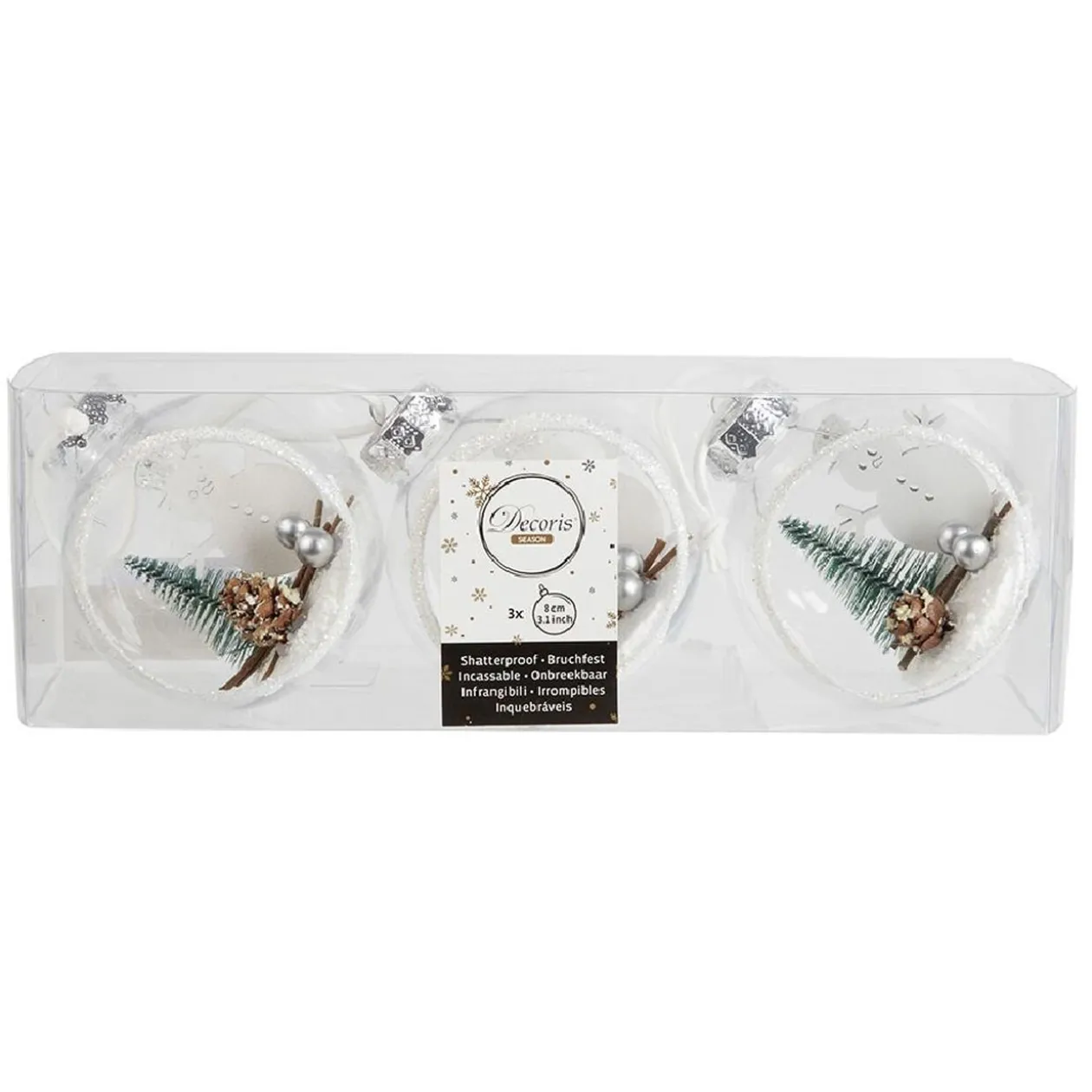 Boule de Noël paysage argenté bois et paillettes Ø8 cm x3