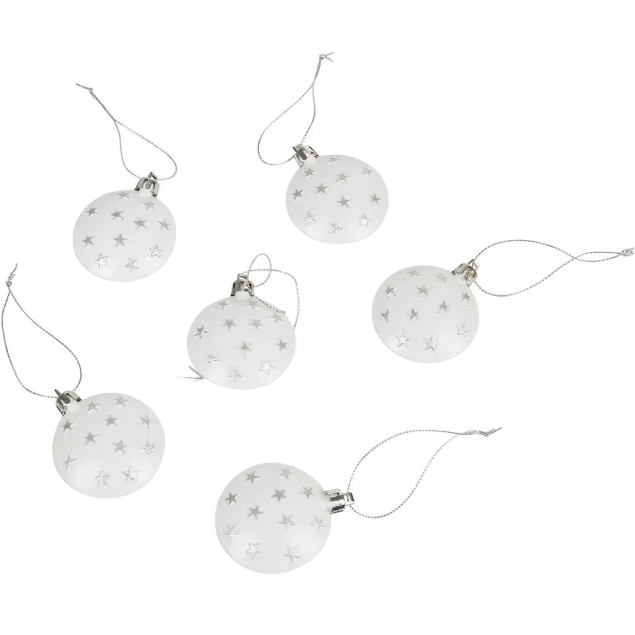 Boule de Noël plate blanche motif étoiles argentées x6