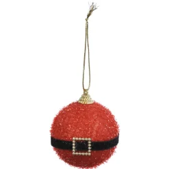 Boule de Noël rouge pailleté avec ceinture noir et doré