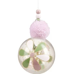 Boule de Noël transparente motif fleur avec pompon et perles