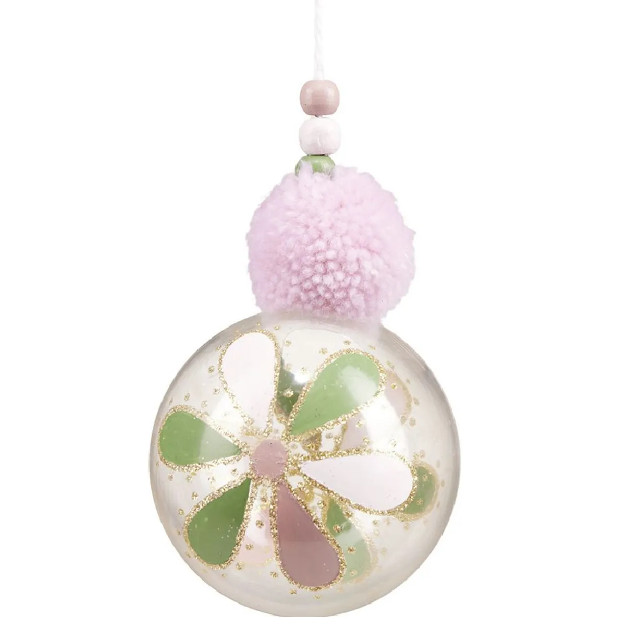 Boule de Noël transparente motif fleur avec pompon et perles