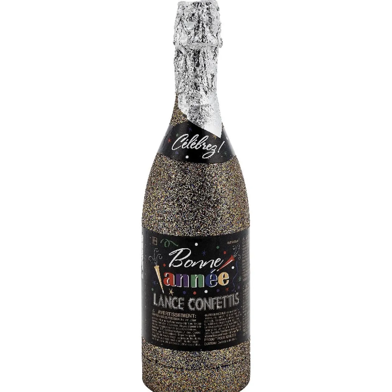 Bouteille confettis noir doré H. 32 cm