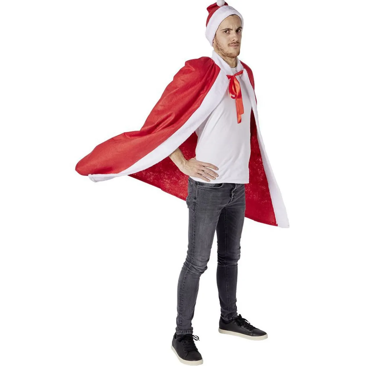 Cape et bonnet de Noël adulte rouge et blanc