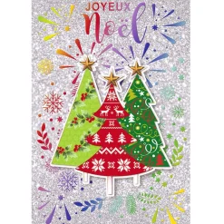 Carte Joyeux Noël argenté motif sapin vert