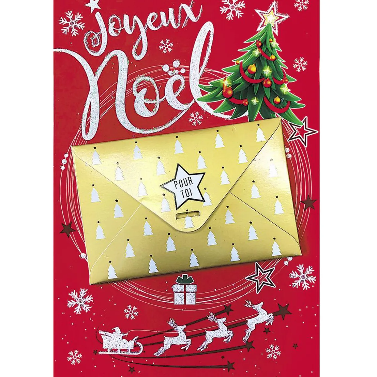 Carte Joyeux Noël porte billet motif traineau sapin rouge et doré