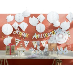 Chapeau de fête blanc à poids rose, vert et doré en carton x 8