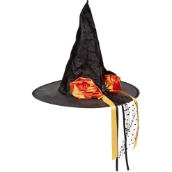 Chapeau de sorcière noeud fleur noir orange H41 cm