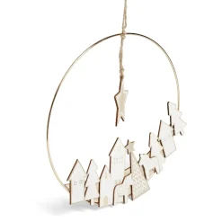 Couronne à suspendre village de Noël doré