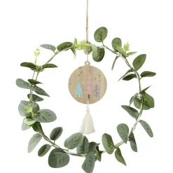 Couronne de Noël feuillage eucalyptus avec suspension bois et pompon Ø25cm