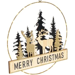 Couronne de Noël lumineuse métal et bois doré à suspendre