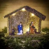 Crèche de Noël en bois et mousse avec personnages et lumière H13cm