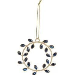 Décoration à suspendre couronne dorée avec ornement rouge ou bleu Ø8,5cm