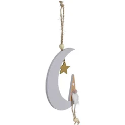 Décoration à suspendre Noël en bois lune et gnome H25cm