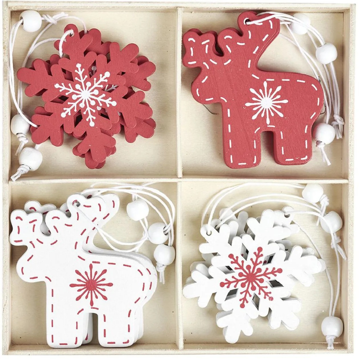 Décoration de Noël à suspendre en bois rouge et blanc x12