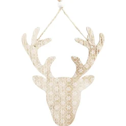 Décoration de Noël tête de renne en bois à suspendre H. 14 cm