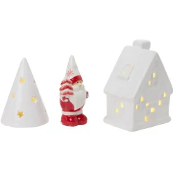 Décoration lumineuse de Noël Père Noël maisonnette porcelaine rouge et blanc x3