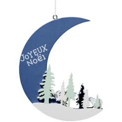 Décoration lune et paysage en bois bleu et blanc à suspendre H12 cm
