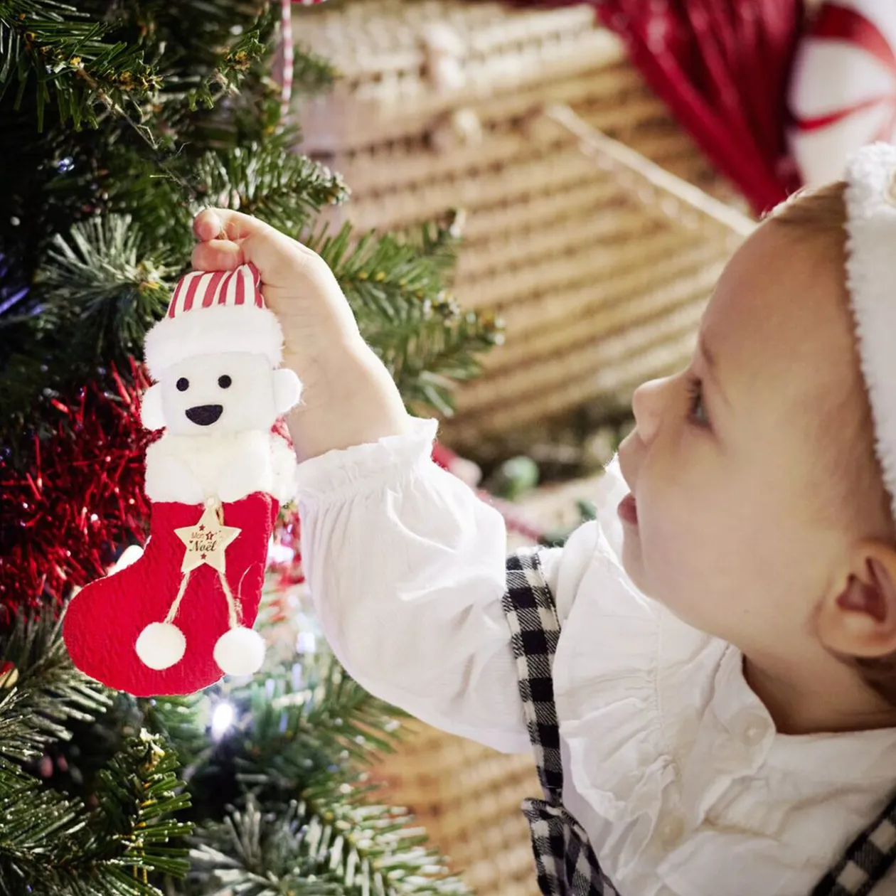 Décoration "Mon 1er Noël" à suspendre en bois chiffre 1 rouge H10cm