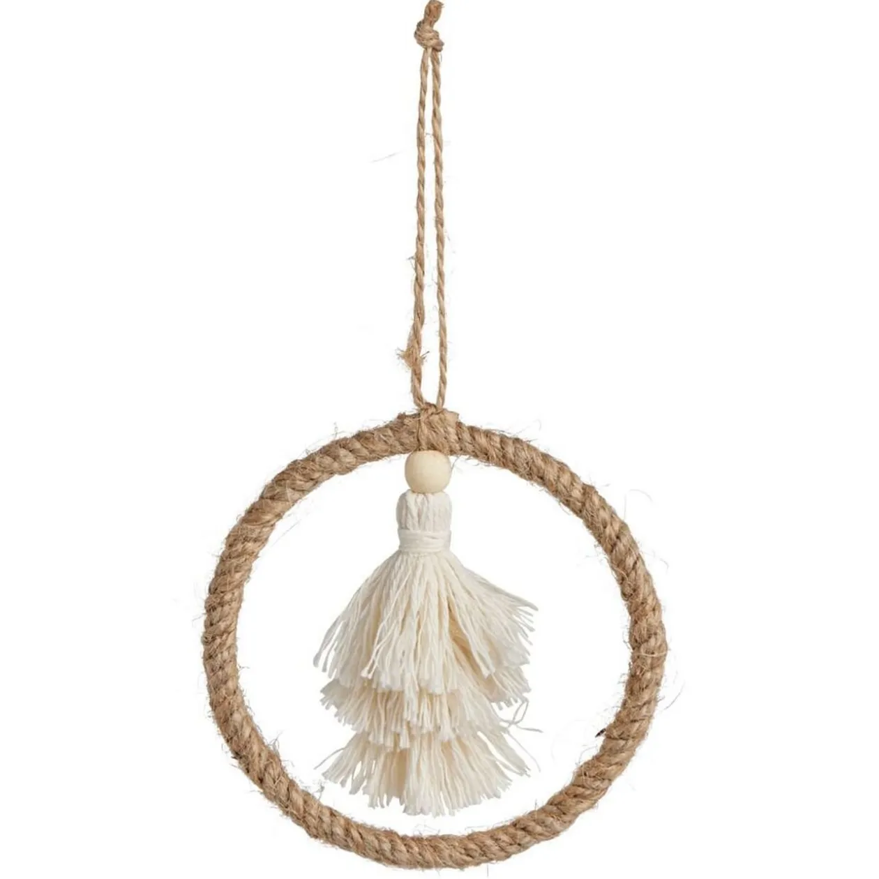 Décoration pompon dans cercle à suspendre beige Ø10cm