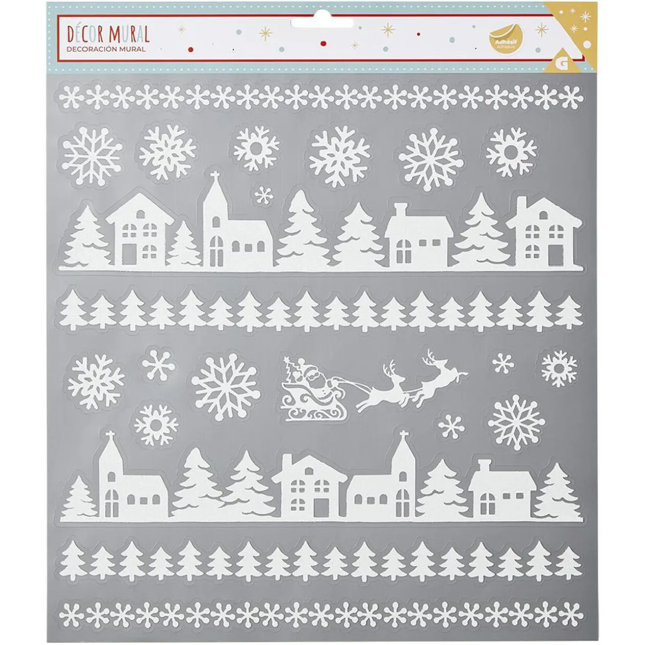 Décoration stickers de Noël motif paysage blanc pailleté 32x31cm