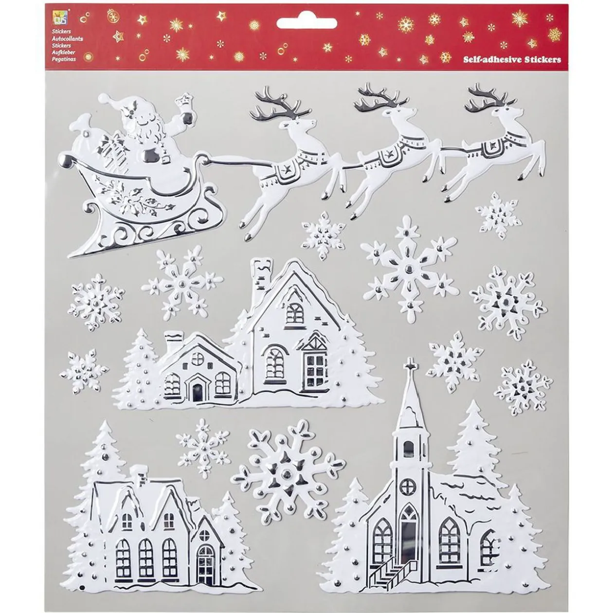Décoration stickers de Noël motif 3D village et Père Noël blanc argent