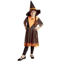 Déguisement enfant Halloween sorcière robe chapeau orange noir 7/10ans