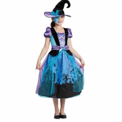 Déguisement fille Halloween sorcière bleu et noir 7/10 ans