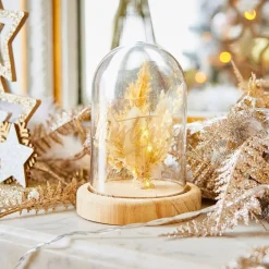 Dôme lumineux à poser fleur pailletée dorée Ø9xH11cm